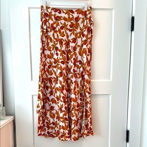 Diane Von Furstenberg White Maxi Skirt with Red & Orange Leaf Print